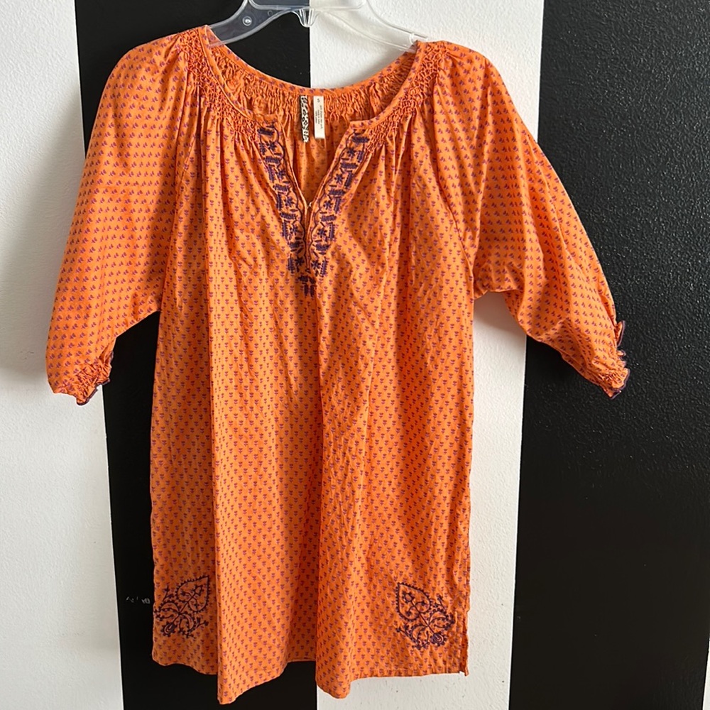 Vintage Pink Chicken Tunic Top, 100% Cotton, Orange & Purple, Size S.